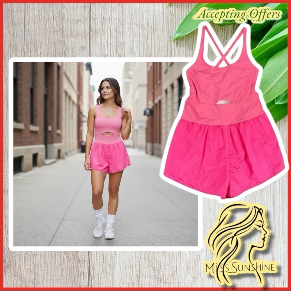 TCEC - Sz L - cute workout romper - two tone pink and criss cross back